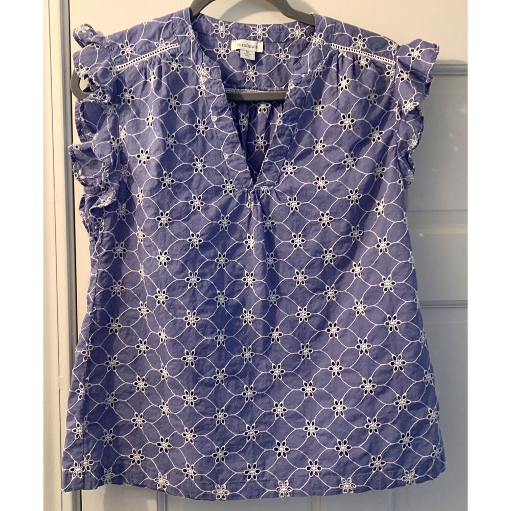SUNDANCE CATALOG Florina Eyelet Top Size Medium Blue White Flutter Cap Sleeve